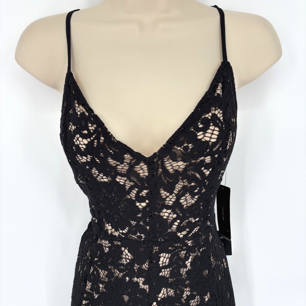 Lulus Black Lace V-Neck Midi Dress Nude Lining Scalloped Hem NWT Sz L